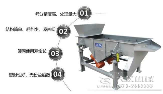 1016型直線振動(dòng)篩特點(diǎn)：1，篩分精度高，處理量大。2，結(jié)構(gòu)簡(jiǎn)單，耗能少，噪音低，3，篩網(wǎng)使用壽命長，密封性好無粉塵溢散。