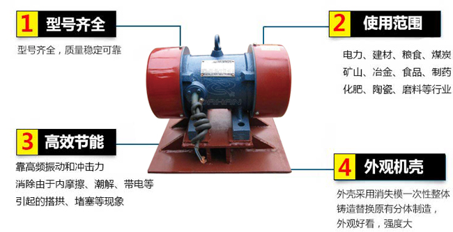 lzf倉壁振動器：1，型號齊全：型號齊全，質(zhì)量穩(wěn)定可靠。2，適用范圍：電力，建材，糧食，煤炭，礦山，冶金，食品，制藥，化肥，陶瓷，磨料等行業(yè)。3，高效：靠高頻振動和沖擊力消除由于內(nèi)摩擦，潮解，帶電等引起的塔供，堵塞等現(xiàn)象。4，外觀機殼：外殼采用消失模一次性整體鑄造替換原有分體制造，外觀好看，強度大。