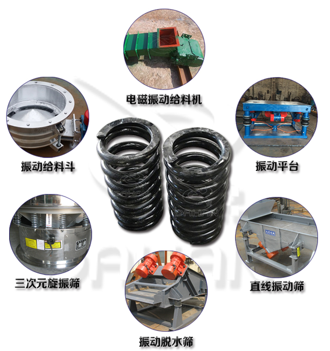 旋振篩減震彈簧適用產(chǎn)品：振動(dòng)給料機(jī)，電磁振動(dòng)給料機(jī)，振動(dòng)平臺(tái)，直線振動(dòng)篩，振動(dòng)脫水篩，三次元旋振篩。