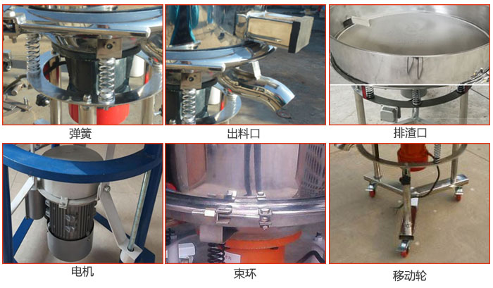 高頻振動篩結(jié)構(gòu)：電機，彈簧，出料口，排渣口，快拆束環(huán)等。