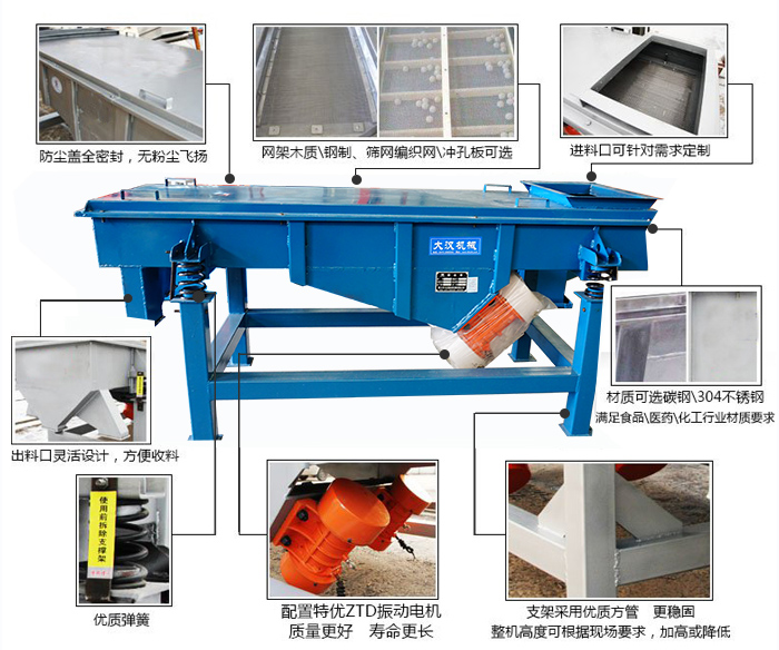 方形振動(dòng)篩結(jié)構(gòu)包括：防塵蓋：全密封，無(wú)粉塵飛揚(yáng)。網(wǎng)架木質(zhì)/鋼制，篩網(wǎng)編織網(wǎng)/沖孔板可選。進(jìn)料口可針對(duì)需求定制。出料口靈活設(shè)計(jì)，方便受料，材質(zhì)可選碳鋼/304不銹鋼滿足食品/醫(yī)藥/化工行業(yè)材質(zhì)要求。優(yōu)質(zhì)彈簧。配置特優(yōu)ZTD振動(dòng)電機(jī)質(zhì)量更好，壽命更長(zhǎng)。支架采用優(yōu)質(zhì)方管，更穩(wěn)固整機(jī)高度可根據(jù)現(xiàn)場(chǎng)要求，加高或降低。