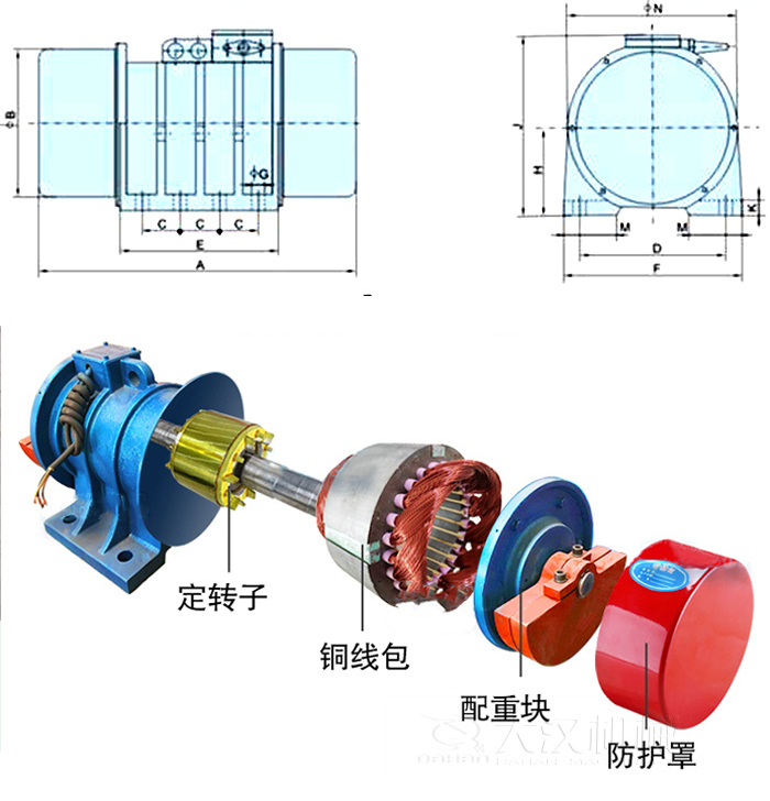 YZS振動電機內(nèi)部主要部件：定轉(zhuǎn)子，銅線包，配重塊，防護罩。