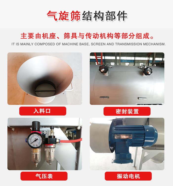 氣旋篩結(jié)構(gòu)：入料口，密封裝置，電機，氣壓表等